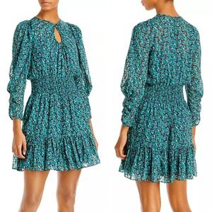 Rebecca Taylor Teal Climbing Rose Printed Keyhole Dress Silk Blend Size Medium